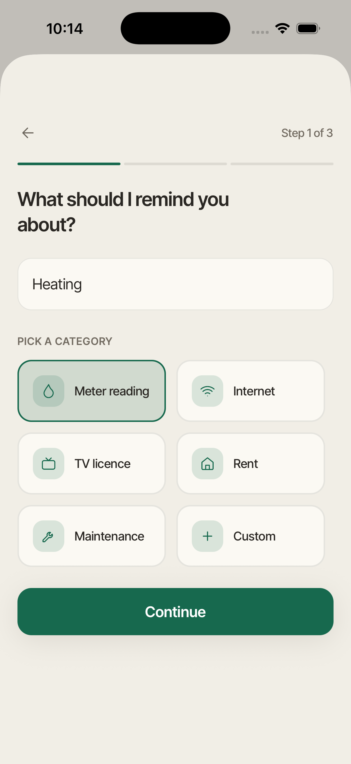 Reminder creation step 1: entering a name and choosing a category such as electricity, rent, or meter reading.