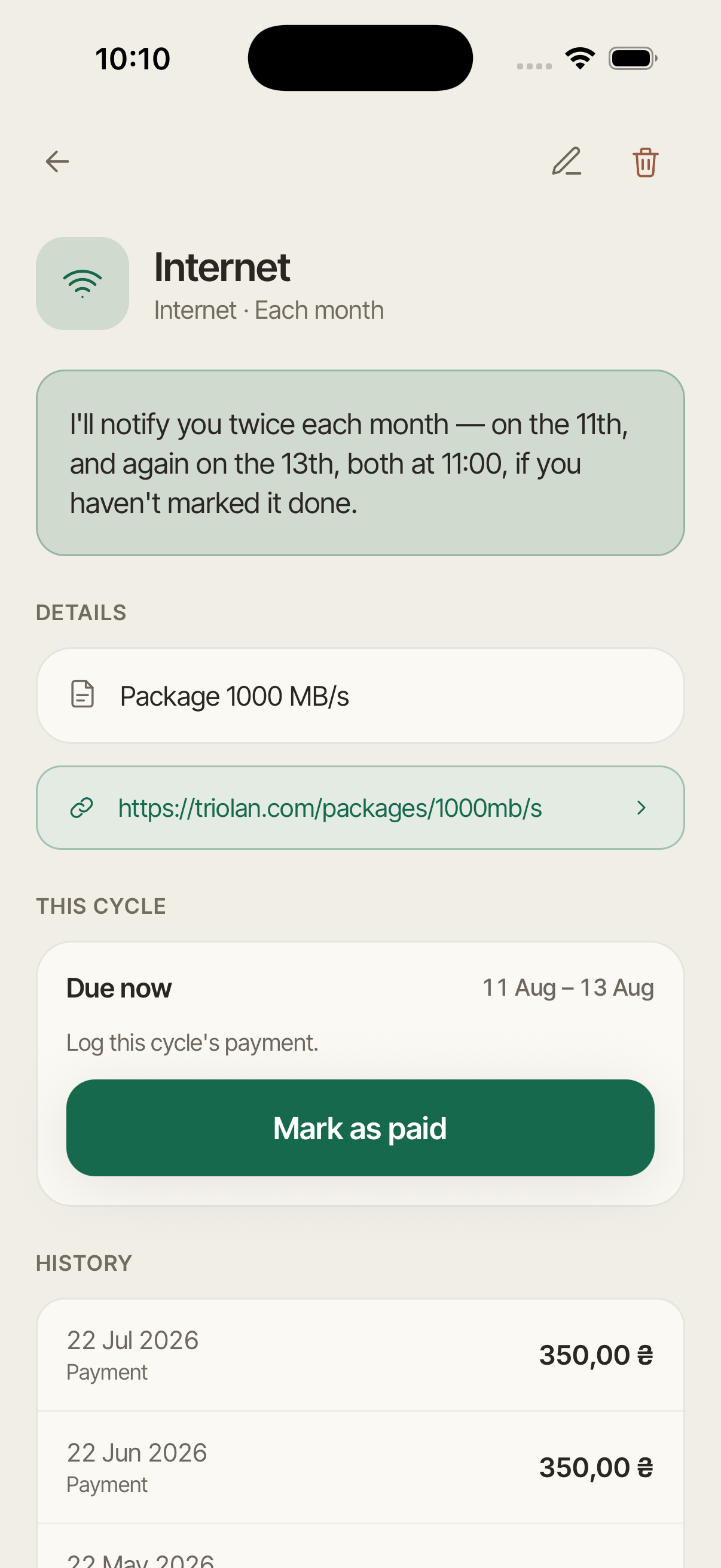 A reminder's detail page showing the current cycle, what happens next, and its full history.