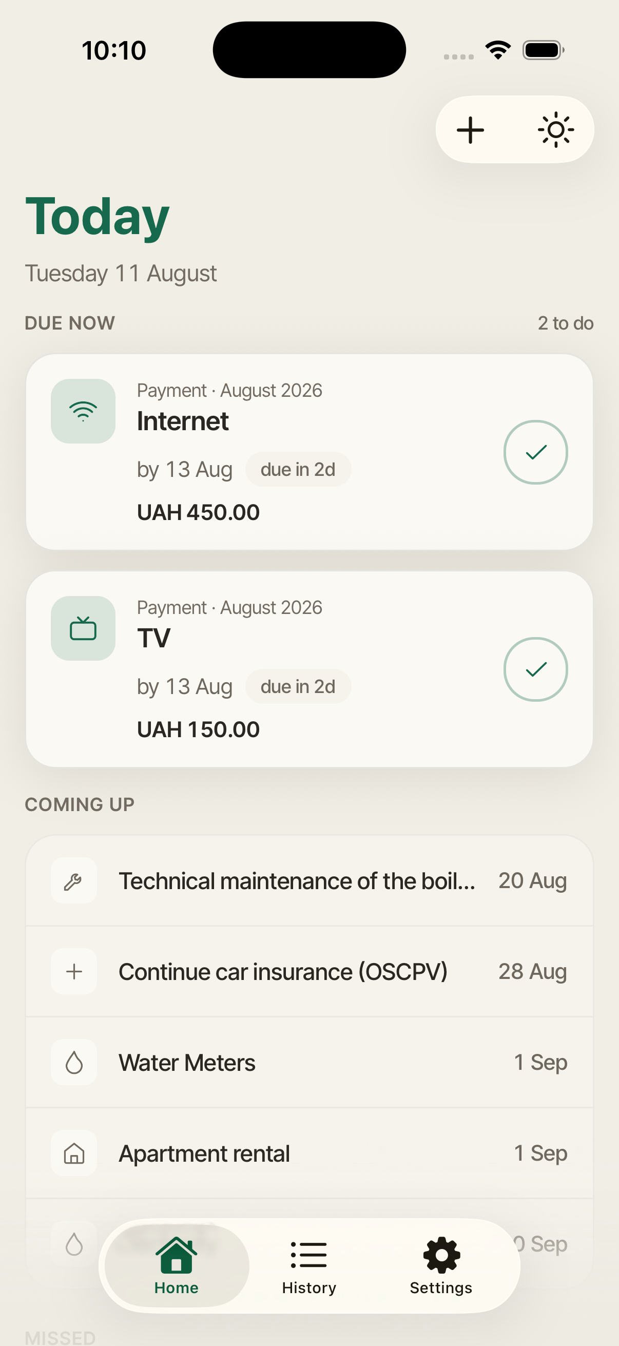 Medori home screen listing reminders due now, coming up, and missed, with a button to add a new reminder.